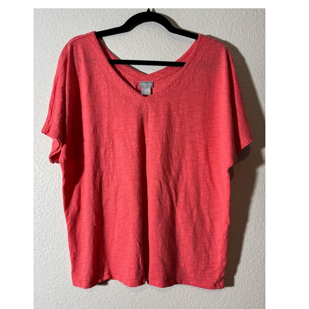 Chico's Size 2 (L) Coral Pink Slub Cotton Modal Short Sleeve V-Neck T-Shirt